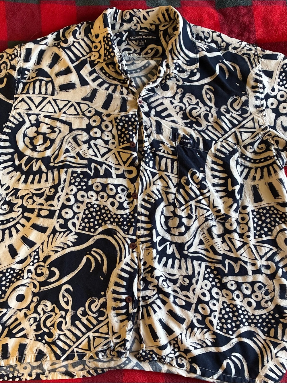 Guess by Georges Marciano Navy and White Geo Pattern Short-Sleeve Button-Down